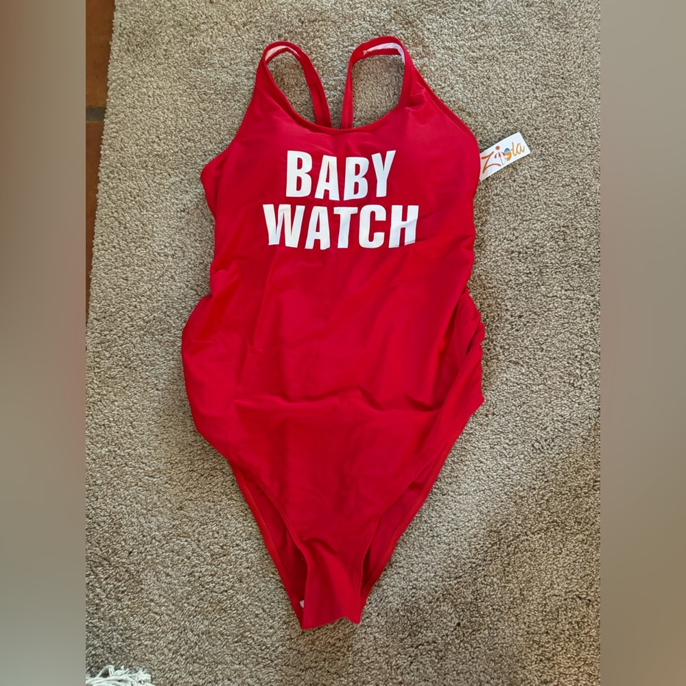 Red, Maternity “BABY WATCH" One-Piece Swimsuit